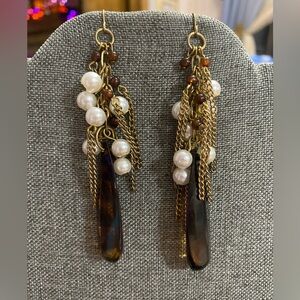 Brown/pearl beads with chain fringe pierced earrings.  Approximately 4” long.